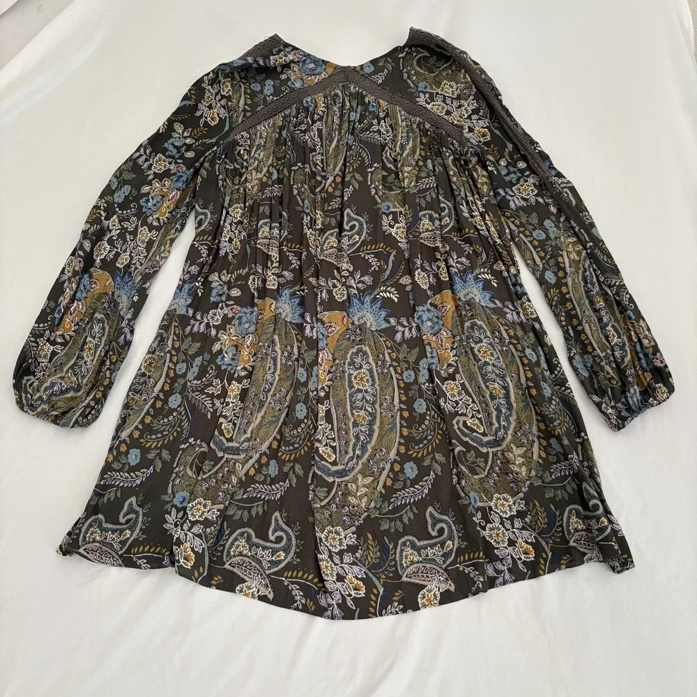 Free People Rain or Shine Tie Up‎ Tunic Dress Womens Gray Paisley Floral Medium